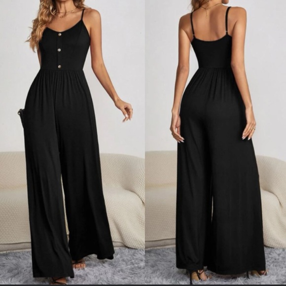 Pants - Boho black button detail spaghetti straps jumpsuit